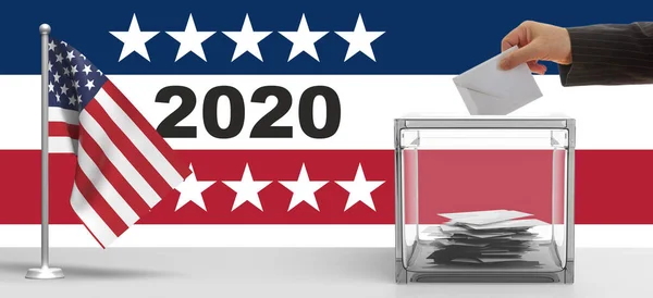 2020年アメリカ合衆国大統領選挙 投票箱のスロットに白い封筒を挿入する男の手 2020年の数字 私たちのフラグと愛国的な星の背景 3Dイラスト — ストック写真
