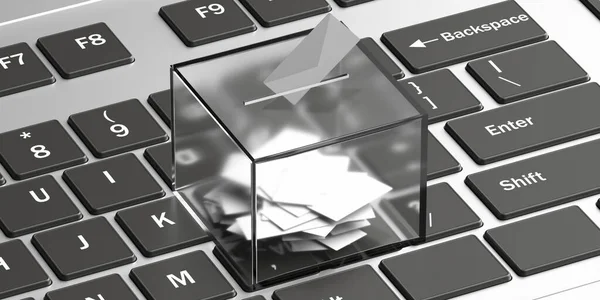 网上选举 数字投票概念 信封在玻璃投票箱 电脑笔记本电脑背景 3D说明 — 图库照片