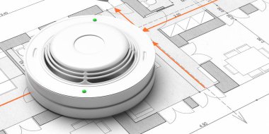 Yangın güvenlik sistemi, acil tahliye planı. Plan çizim arkaplanındaki duman dedektörü. Yangın alarmı. 3d illüstrasyon