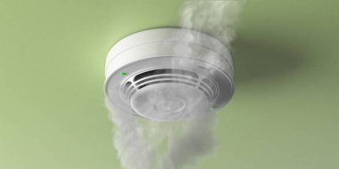 Fire smoke detected, smoke detector, fire alert device moulded on interior room ceiling. Domestic and business fire safety. 3d illustration clipart