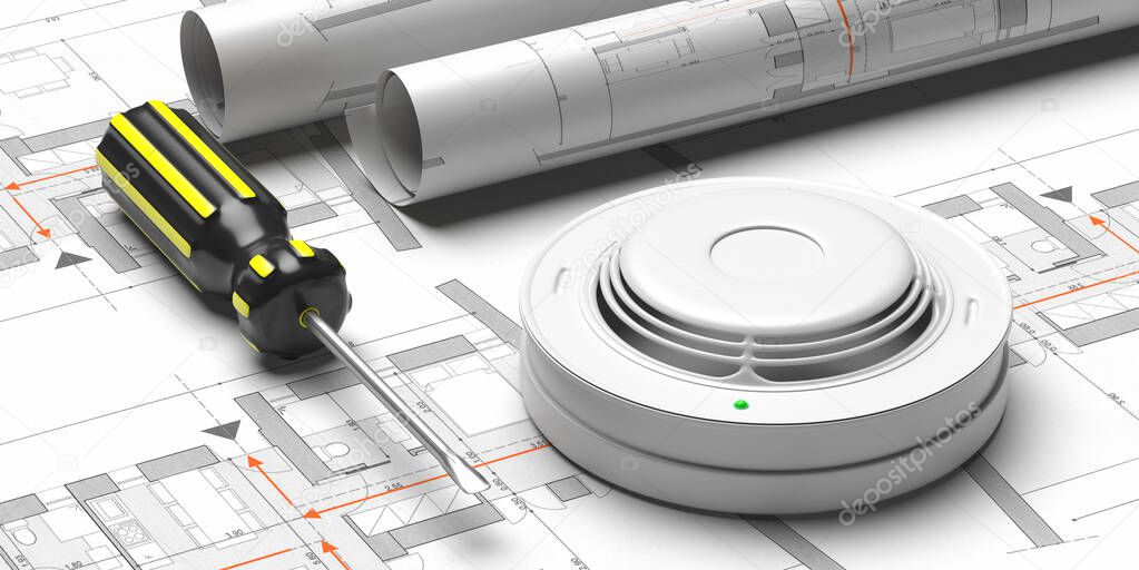 Fire safety system construction. Smoke detector on blueprint drawing background. Fire protection,  emergency evacuation plan . 3d illustration
