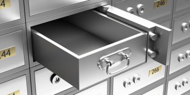 Kiralık kasayı kapatın. Metal banka dolabını, boş çekmeceyi, değerli eşyaları ve mücevherleri aç. 3d illüstrasyon