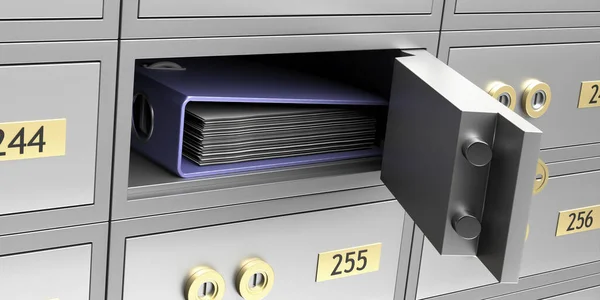 Safe deposit box closeup. Office ring binder in an open metal bank locker. Confidential business file information concept. 3d illustratio
