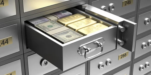 Safe deposit box, money cash and gold ingots in a drawer, valuables safekeeping concept. Open unlock metal bank locker closeup. 3d illustratio