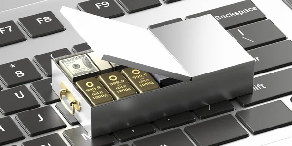 Tresorfach Geöffnet Mit Geldscheinen Und Gold Auf Computer Laptop Hintergrund — Stockfoto