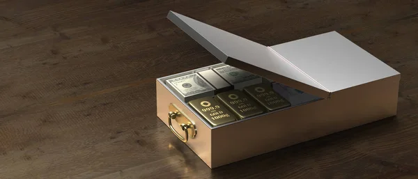 Safe deposit drawer full of money cash and gold ingots on a wooden table background. Bank safe valuables concept. 3d illustratio