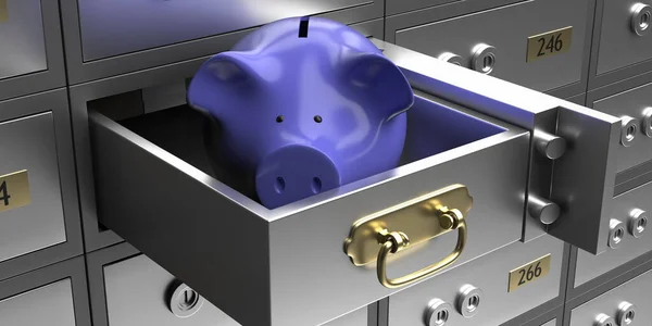 Safe deposit box, open unlock locker, blue piggy bank in a metal drawer. Money cash and savings safekeeping concept.  3d illustratio