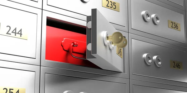 Safe deposit box closeup. Open unlock metal bank locker and red color drawer, valuables and jewels safekeeping concept. 3d illustratio