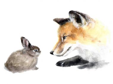 Çok güzel şirin suluboya fox tavşan ile. Hayvan siluet suluboya kroki. Yaban hayatı sanat illüstrasyon. Kumaş, kartpostal, tebrik kartı, kitap için suluboya grafiği