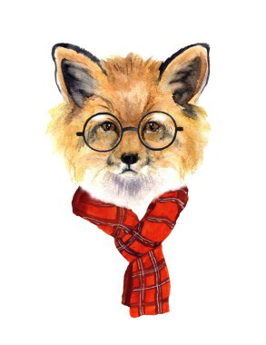 Suluboya hipster fox. Yaratıcı hayvanlar etiket. Sulu Boya etiket kroki