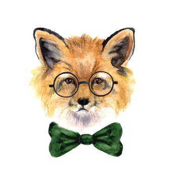 Suluboya hipster fox. Yaratıcı hayvanlar etiket. Sulu Boya etiket kroki