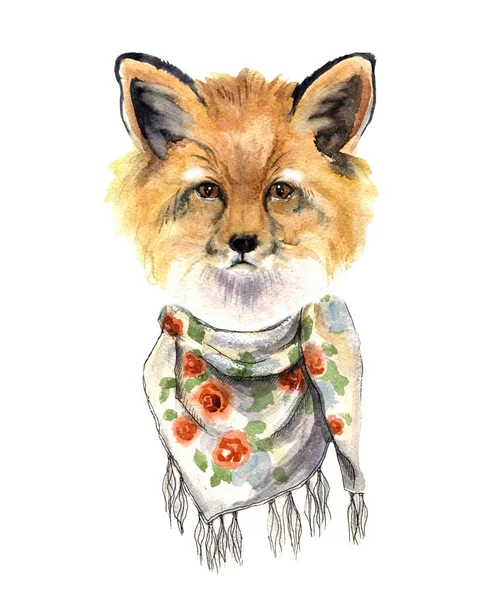 Fox akvarel bokovky. Samolepka kreativní zvířata. Akvarelu Label skica — Stock fotografie