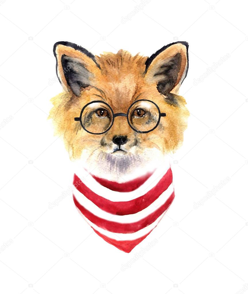 Watercolor hipster fox. Creative animals sticker. Watercolor Label sketch