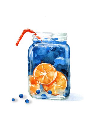 El suluboya çizimi yaz taze kokteyl portakal ve yaban mersini ile çekilmiş. Beyaz arka plan üzerinde izole.