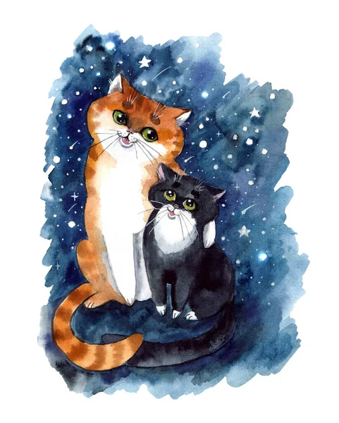 Watercolor cute cats on the white background on the starry sky