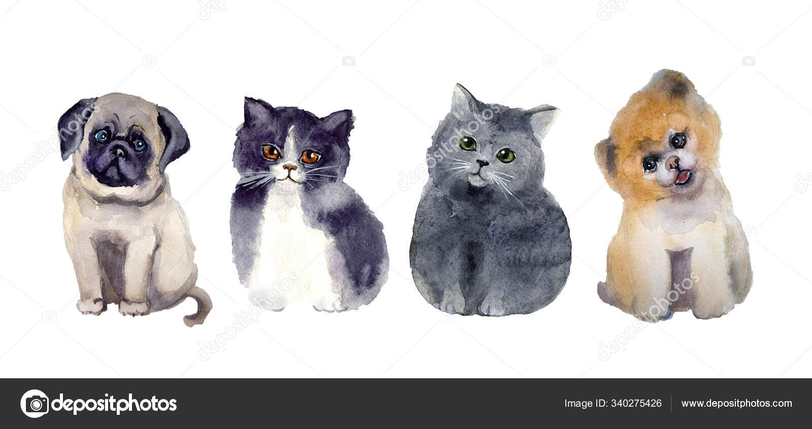 Beyaz Arka Planda Tatlı Suluboya Kedi Köpekler — Stok Foto