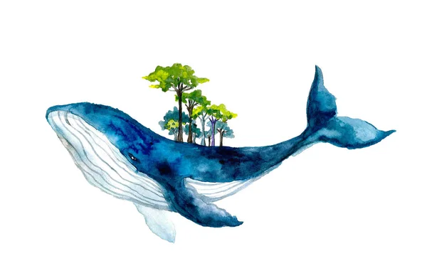 Cute Watercolor Whale Forest White Background — 스톡 사진