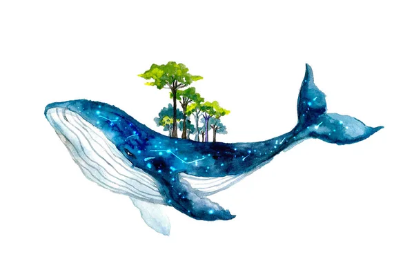 Baleine Aquarelle Mignonne Avec Ciel Étoilé Avec Forêt Sur Fond — Photo
