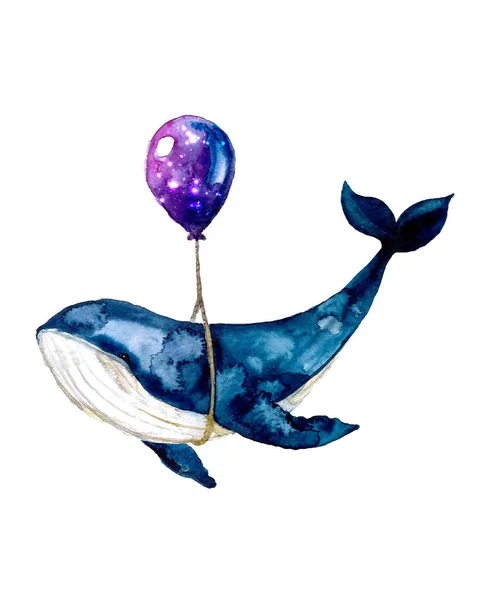 可爱的水色鲸鱼 白色背景上有气球 图解背景 — 图库照片