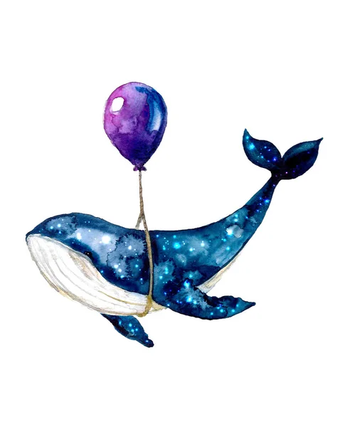 Cute Watercolor Whale Balloon White Background Sketch Illustration Background — Stock Photo, Image