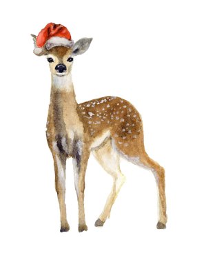 Geyikli şirin suluboya Noel kartpostalı. Suluboya Bebek Geyiği. Vahşi yaşam sanat illüstrasyonu. Kumaş, kartpostal, tebrik kartı, kitap, poster ve tişört için suluboya grafikler. İllüzyon, izolasyon nesneleri. Mutlu Noeller.!