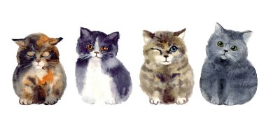Suluboya kediler. Vahşi yaşam sanat illüstrasyonu. Kumaş, kartpostal, tebrik kartı, kitap, poster ve tişört için suluboya grafikler. Resimler, izolasyon nesneleri
