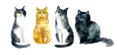 Suluboya kediler. Vahşi yaşam sanat illüstrasyonu. Kumaş, kartpostal, tebrik kartı, kitap, poster ve tişört için suluboya grafikler. Resimler, izolasyon nesneleri