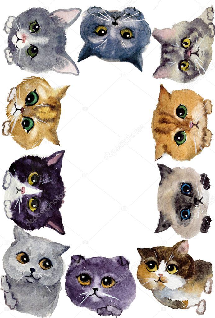 Watercolor cats.  Wildlife art illustration. Watercolor graphic for fabric, postcard, greeting card, book, poster, tee-shirt. Illustration, isolation objects