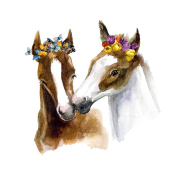 Cute watercolor horses. Horses with love and with flowers. Funny postcard clipart
