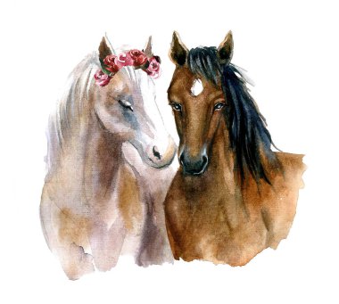 Cute watercolor horses. Horses with love and with flowers. Funny postcard clipart