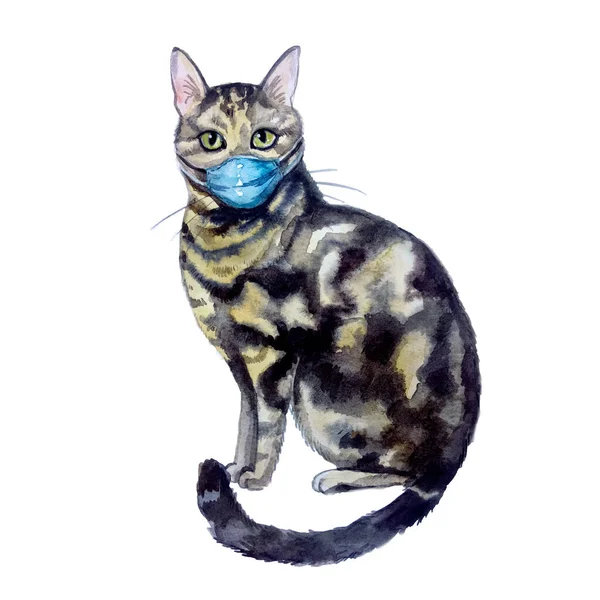 Niedliche Aquarell Lustige Kleine Katze Mit Medizinischer Maske — Stockfoto