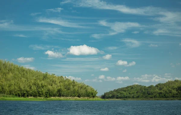 Krásná krajina na modré oblohy a Pine tree lesní hory — Stock fotografie