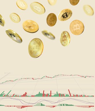 Bitcoins ve yeni sanal para kavramı. Altın bitcoins mum ile sopa grafik grafik ve dijital arka plan