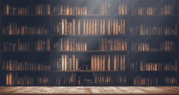 Wazig boekenplank veel oude boeken in een boekhandel of bibliotheek — Stockfoto