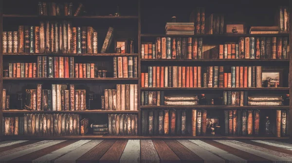 Verschwommenes Bücherregal viele alte Bücher im Buchladen oder in der Bibliothek — Stockfoto