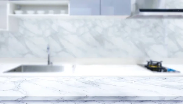 Weißer Marmor Textur Tischplatte Auf Verschwommenem Küchenhintergrund — Stockfoto