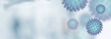 Coronavirus 'un mikroskobik görüntüsü, MERS-Cov ve Coronavirus' un virüs türü modeli ve BLURRED MEDICAL BACKground, tehlikeli grip türleri salgın hastalık riski kavramı