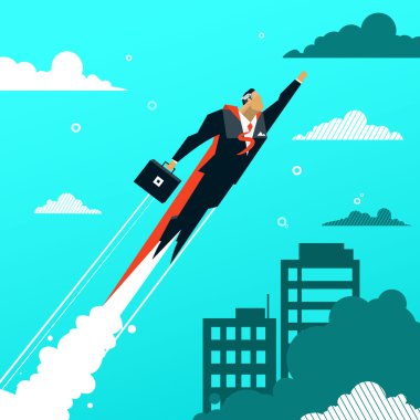 Başarı için yürüyüş kişi ile web reklam kavramı. Düz tasarımını modern şehir binaları ile kentsel peyzaj.