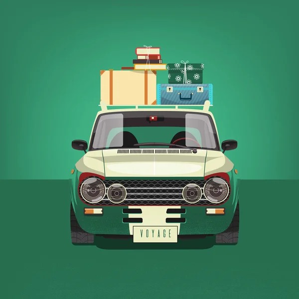 Auto verde caricata con valigie. Illustrazione vettoriale — Vettoriale Stock