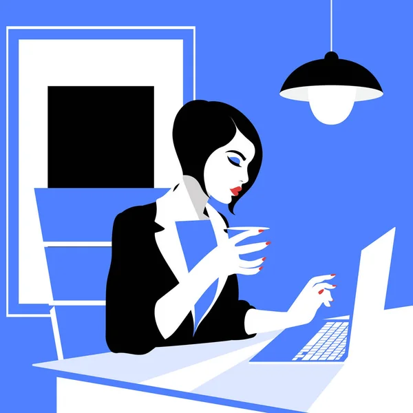 Mulher bonita trabalhando com laptop em seu escritório —  Vetores de Stock