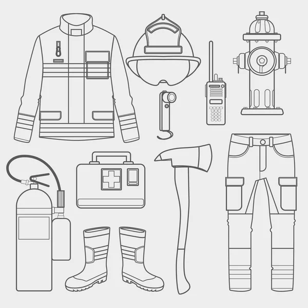 Пожежник уніформа і перша допомога обладнання набір і інструменти . — стоковий вектор