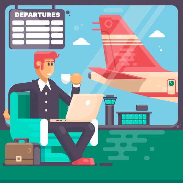 Utazás, üzleti út fogalma. Üzletember gazdaság notebook airport bőrönd és egy repülőgép-ban háttér. Lapos stílusú — Stock Vector