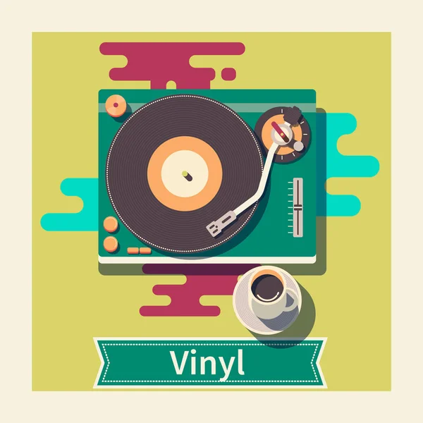 Gramofon retro vinyl šálek kávy na stůl plochý vektorové ilustrace — Stockový vektor