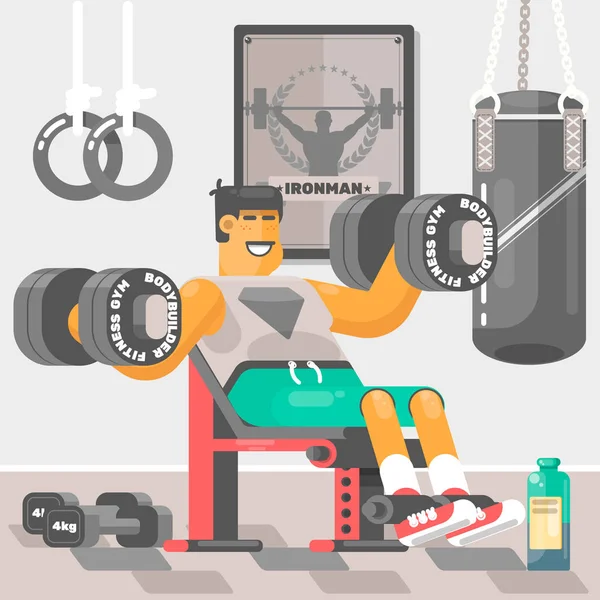 Fuerte culturista deportista levantador de pesas haciendo ejercicio bíceps brazos de entrenamiento con mancuerna ilustración vectorial — Archivo Imágenes Vectoriales