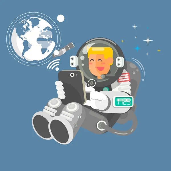 Astronaut i rymden med en laptop vektorillustration i platt stil — Stock vektor