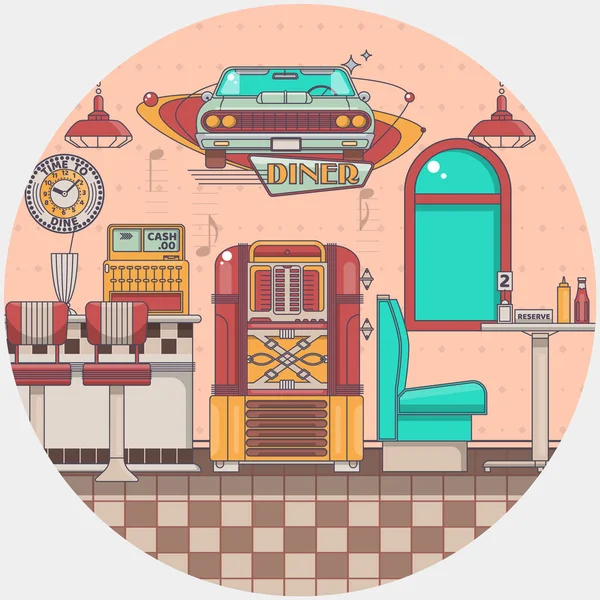 Interior de un viejo restaurante americano vintage jukebox antiguo en un bar ilustración vectorial — Vector de stock