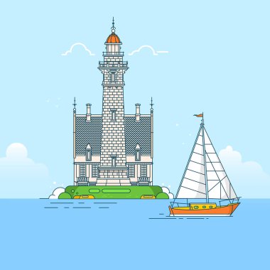 Kaya taşları deniz feneri ada çizgi vektör arka plan deniz günbatımı panorama