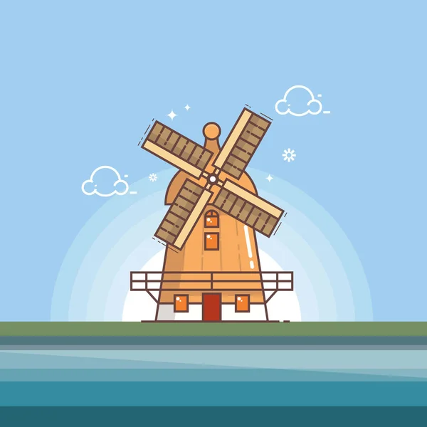 Tradicional velho moinho de vento construção linha vetor ilustração —  Vetores de Stock