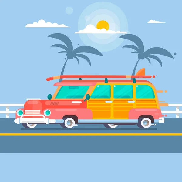 Surf car on summer background with palm trees Vector illustration — Stock Vector