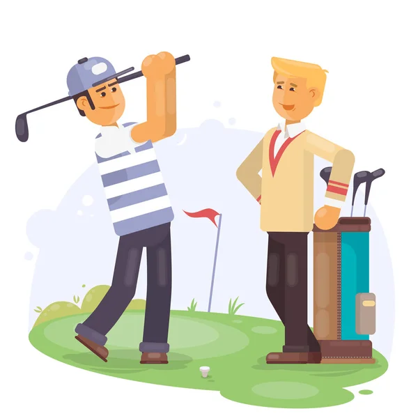 Golfing friends holding clubs at golf course Flat vector illustartion